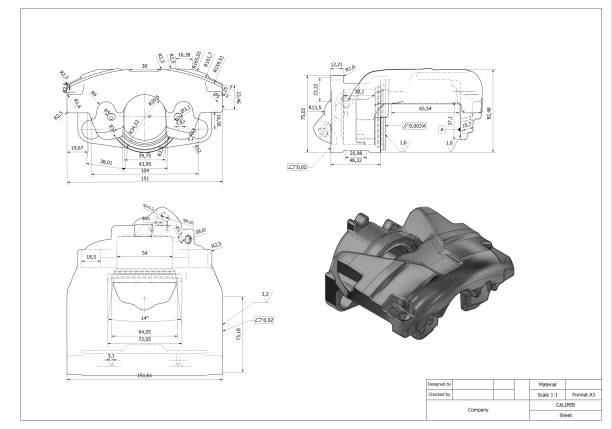 stockillustraties, clipart, cartoons en iconen met caliper car technical design ,technical drawing, engineering testing before manufacturing - rem onderdeel van voertuig