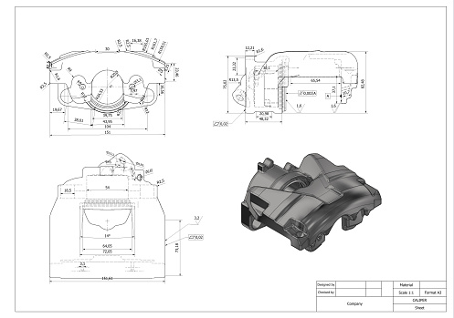 caliper car technical design ,technical drawing, engineering testing before manufacturing