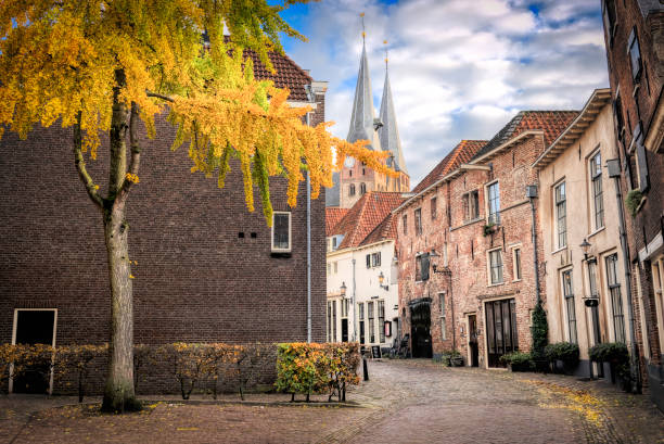 An idyllic cobblestone street lined with lush foliage, featuring a tranquil atmosphere perfect for a peaceful stroll