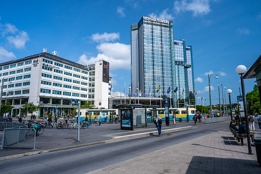 Gothenburg, Sweden - May 27 2023: Hotel Gothia Towers towering above Korsvägen.