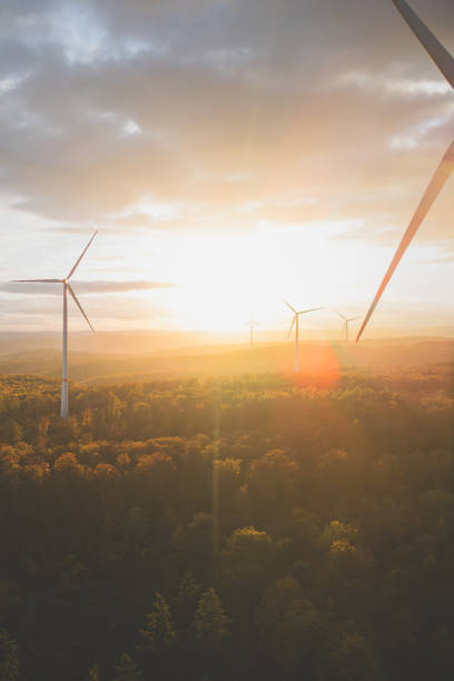 Wind turbines over the forest at sunset, looking directly in the sun in germany