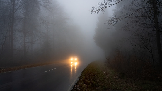 Car with the illuminated headlights on the wet road in the dark and foggy forest in germany