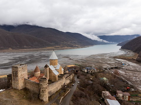 Aerial view of Ananuri Fortress and Church in Tbilisi, Georgia. Taken via drone.