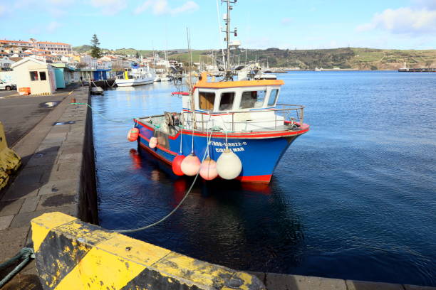 In January in the marina in Horta, on the island of Faial in the Azores, with the calm sea, the calm water, only a fishing boat at anchor and the tugboat at rest