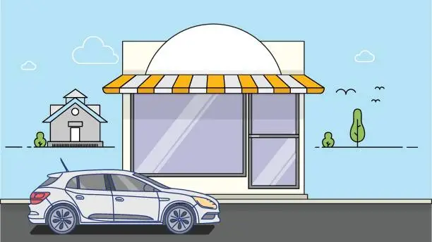 Vector illustration of Store and parked car