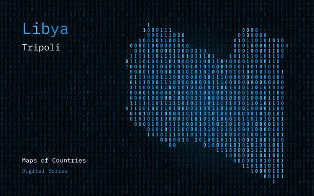 Vector illustration of Libya Map Shown in Binary Code Pattern. Matrix numbers, zero, one.