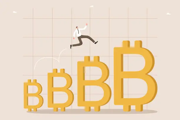 Vector illustration of Man running on increasing bitcoins