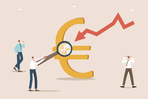 mężczyźni w pobliżu złamanego znaku euro - euro symbol crisis time debt stock illustrations