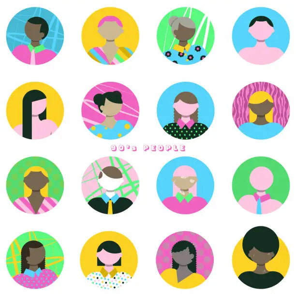 Vector illustration of People Avatar Icons in 90's Theme Illustration - 
Party - Social Event, Costume, Group Of People, 1990-1999