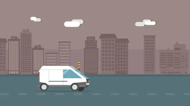 Vector illustration of Conceptual vector illustration of van on a cityscape background.