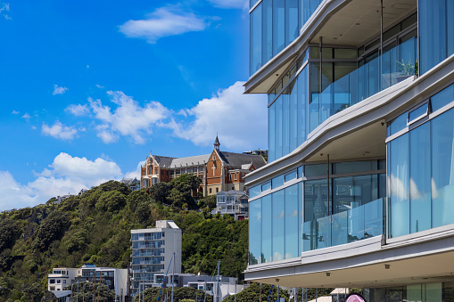 Panoramic skyline of Wellington downtown Lambton harbor in New Zealand.