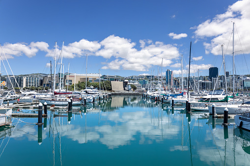 Panoramic skyline of Wellington downtown Lambton harbor marina in New Zealand.