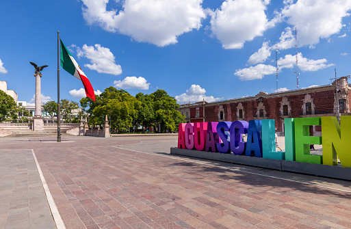 Colorful letters of Aguascalientes central square Plaza de la Patria in front of Cathedral