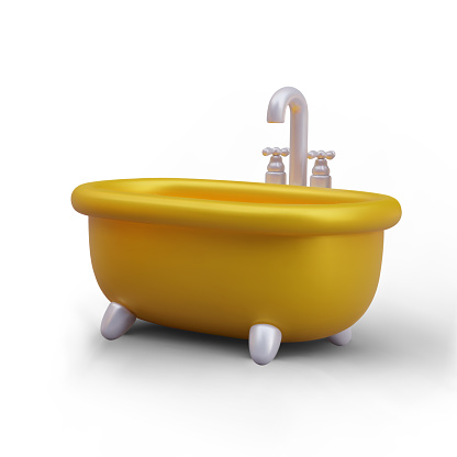 Golden clawfoot bathtub with faucet, regulators. Color illustration in cartoon style. Luxurious, expensive plumbing equipment. Vector image with shadow