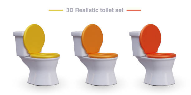 istock Set of toilets with yellow, orange, red seats. Illustrations for site, application 1965846184