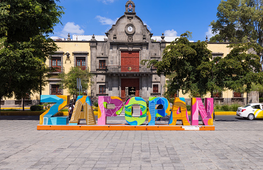 Colorful letters of Zapopan central plaza in historic city center near Zapopan Cathedral Basilica.