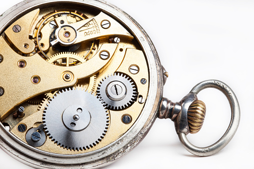 pocket watch gears on white background