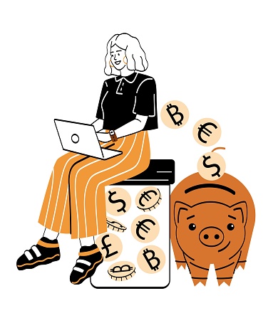 Money management concept. Young smiling woman plans personal or family budget and saves money in piggy bank for emergency. Finance and investment. Cartoon flat vector illustration in doodle style