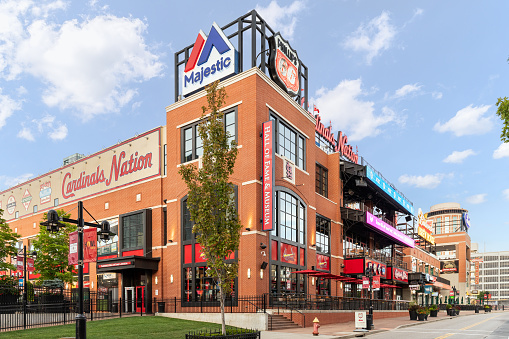 St. Louis, MO, USA - August 10, 2018: Billpark Village outside of Busch Stadium in downtown St. Louis with the St. Louis Cardinals Hall of Fame and Museum.