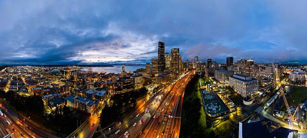 An aerial view of downtown Seattle Washington State.  This view is looking downtown and toward the waterfront from Yesler Terrace neighborhood near Harborview Hospital.