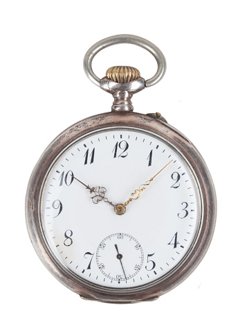 Vintage pocket watch with white clean desktop calendar on white background using as time passing, time management, year change or deadline concept.