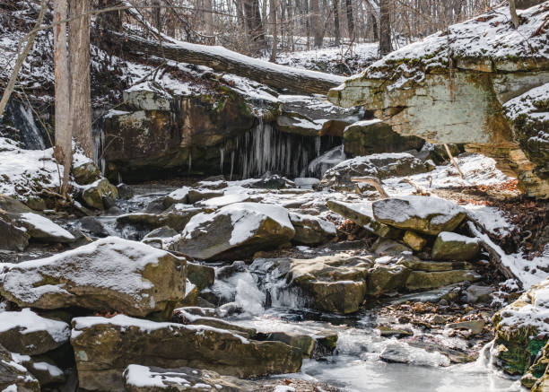 istock Rocky Winter Stream in Woodland 1965965081