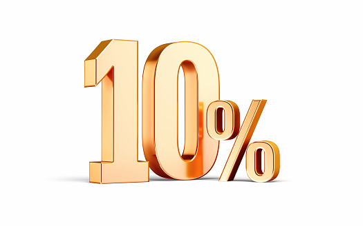 3d render Metallic 10 percent sign sitting on white background (Object + Shadow Clipping Path)