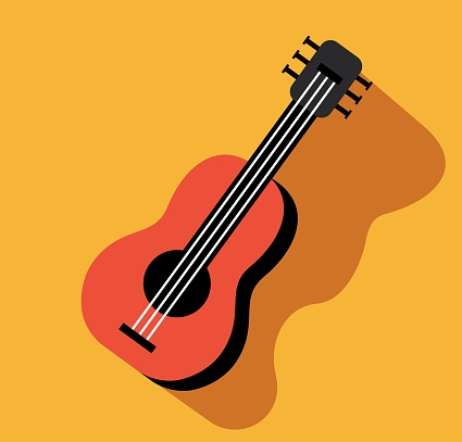 Travel stuff icon. Sticker with wooden ukulele or guitar with strings. Musical instrument for playing. Design element for print. Cartoon flat vector illustration isolated on yellow background
