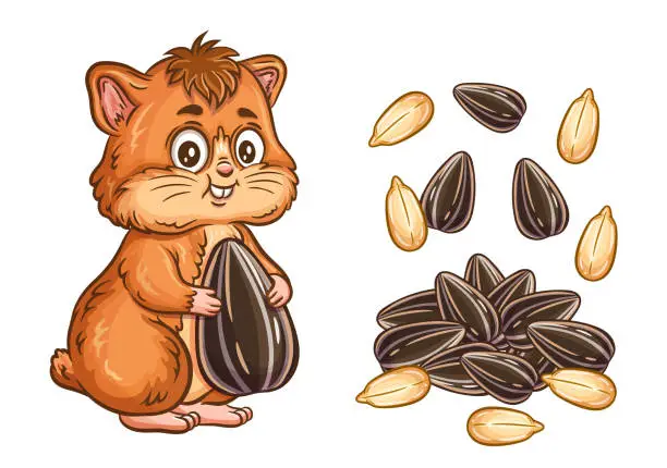 Vector illustration of Cute little hamster animal holding sunflower seeds food, heap sun flower kernels snack in shell icon. Funny fluffy domestic pet rodent cartoon character eating grain. Vegetable oil ingredient. Vector