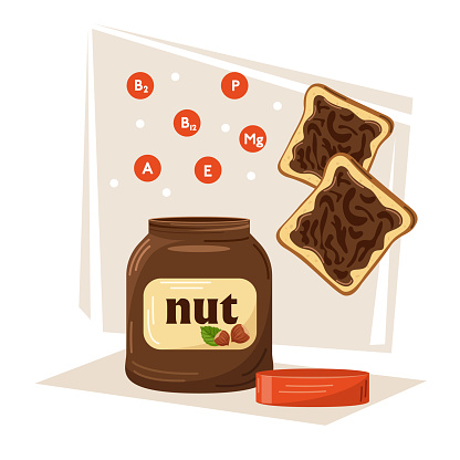 Vector illustration of an open jar of chocolate nut cream and a sandwich with it, micronutrients. Breakfast illustration, morning food. Sweet pasta, delicious snack, brown cream.