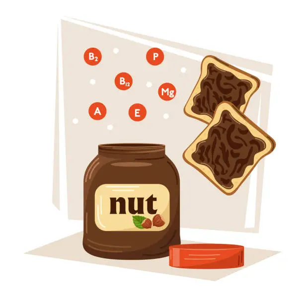 Vector illustration of Vector illustration of an open jar of chocolate nut cream and a sandwich with it, micronutrients.