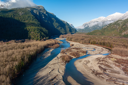 River flow in the Valley. Canadian Nature Landscape. Aerial. BC, Canada.