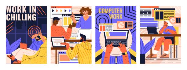 Set of people working on laptops Set of people working on laptops. Posters with programmers, developers, designers or freelancers completing tasks and discussing project. Cartoon flat vector collection isolated on white background computer programming desk stock illustrations
