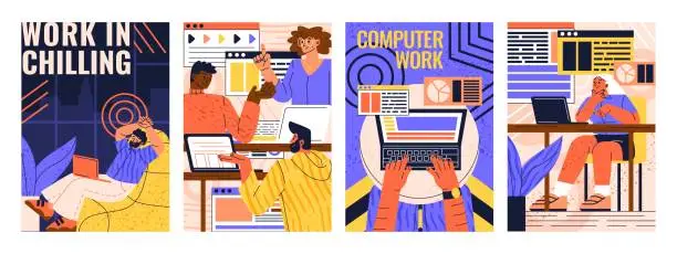 Vector illustration of Set of people working on laptops