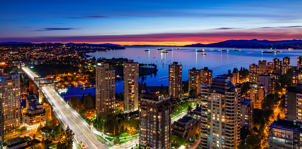 Downtown Vancouver, Canada. British Columbia's largest city. Twilight cityscape of Vancouver.