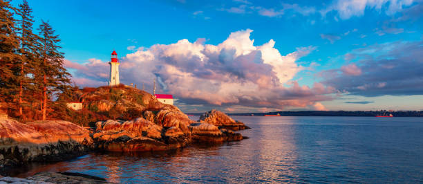 istock Lighthouse on a rocky coast during a cloudy sunset. Horseshoe Bay 1966000516