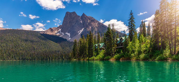 Colorful Lake with Mountain Landscape nature background. Emerald Lake in Yoho National Park. BC, Canada.