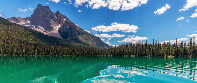 Colorful Lake with Mountain Landscape nature background. Emerald Lake in Yoho National Park. BC, Canada.