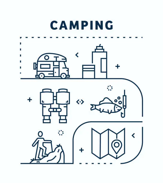 Vector illustration of Camping Related Vector Banner Design Concept. Global Multi-Sphere Ready-to-Use Template. Web Banner, Website Header, Magazine, Mobile Application etc. Modern Design.