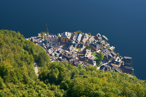 High angle view of historic Hallstatt village on Hallstatter lake in the Austrian Alps Salzkammergut region of Austria. Europe.