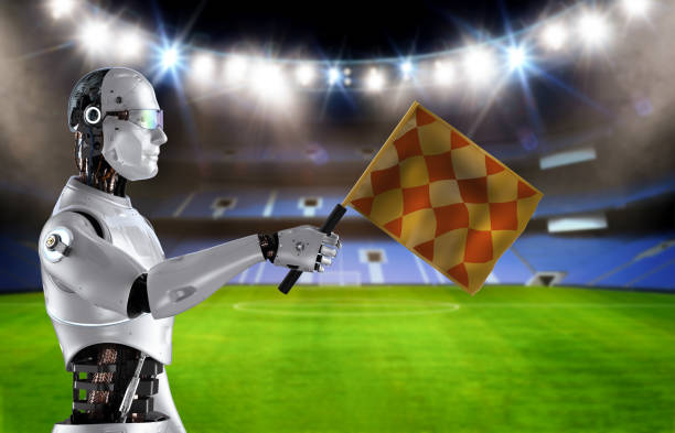 Robotic assistant  for soccer or football referee holding flag 3d rendering robotic assistant  for soccer or football referee holding flag offside stock pictures, royalty-free photos & images