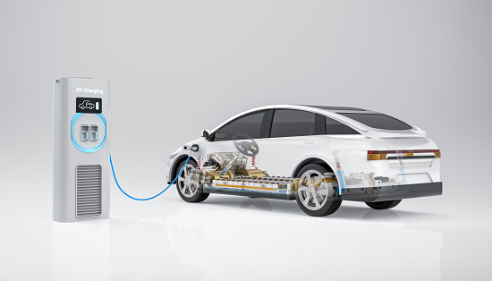 3d rendering white ev car or electric vehicle plug in with recharging station