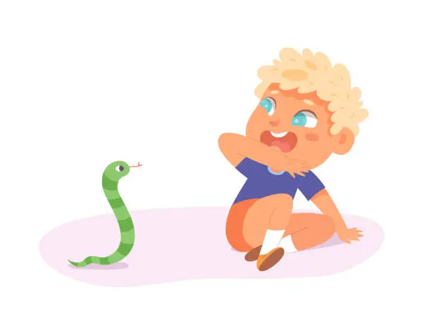 Vector illustration of Kids fears vector illustration. Scared crying boy afraid of snake. Young male person with childish phobia. Frightened cartoon character. Kid psychologic support and therapy