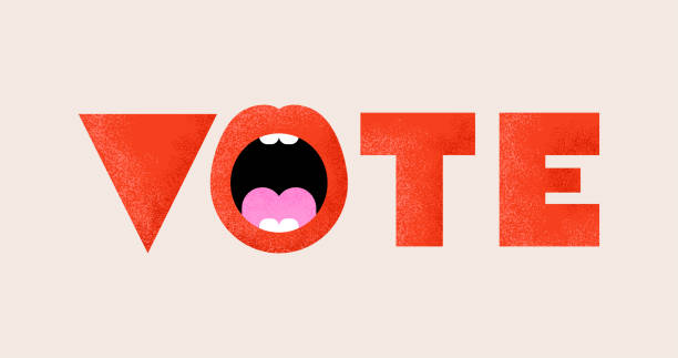 современный стиль vote, дизайн концепции выборов. плакат, баннер и фон. жирный красный текст со словом голосуйте с открытым ртом - открытый рот stock illustrations