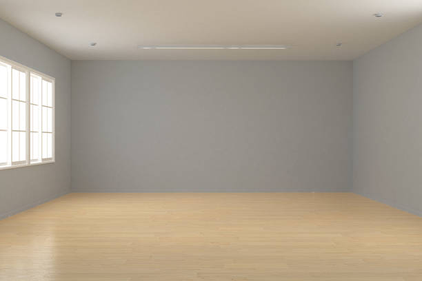 3d rendering empty cosy room interior with wooden floor and grey wall
