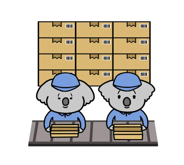 Vector illustration of Koala characters working in a factory and a pile of cardboard