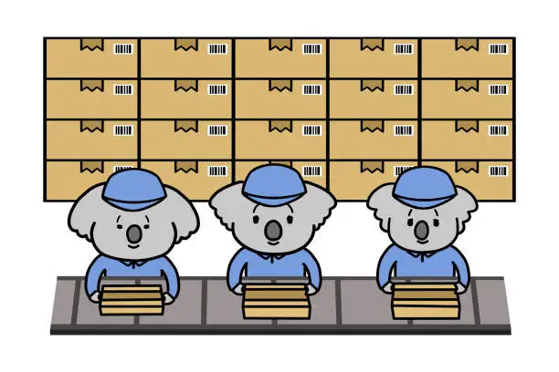 Vector illustration of Koala characters working in a factory and a pile of cardboard