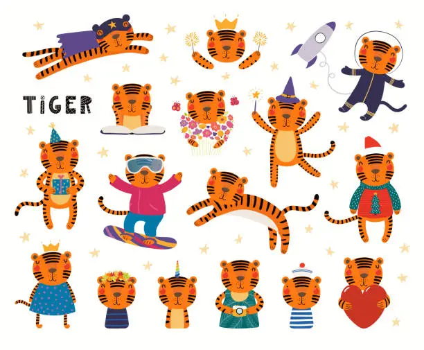 Vector illustration of Cute tiger big set, unicorn, Christmas, reading
