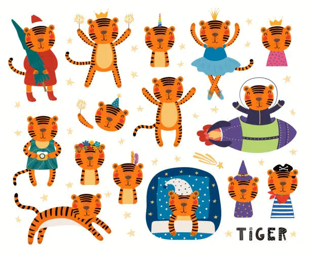 Vector illustration of Cute tiger big set, astronaut, pirate, princess