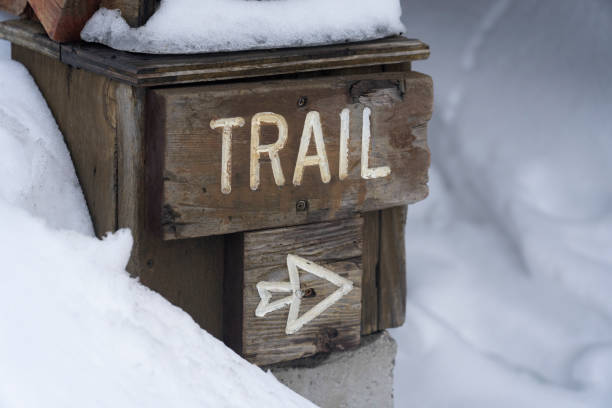Trail sign with arrow surrounded by snow.
